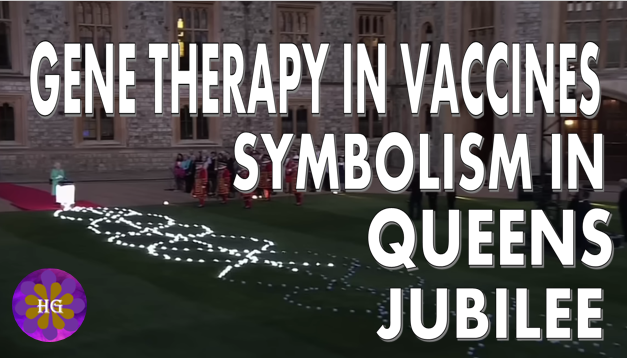 Gene Therapy in Vaccines Symbolism from the Globalists: The Queen lights up a DNA strand on the lawn during Jubilee.