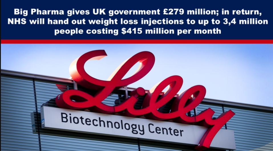 Big Pharma gives UK government £279 million; in return, NHS will hand out weight loss injections to up to 3,4 million people costing $415 million per month